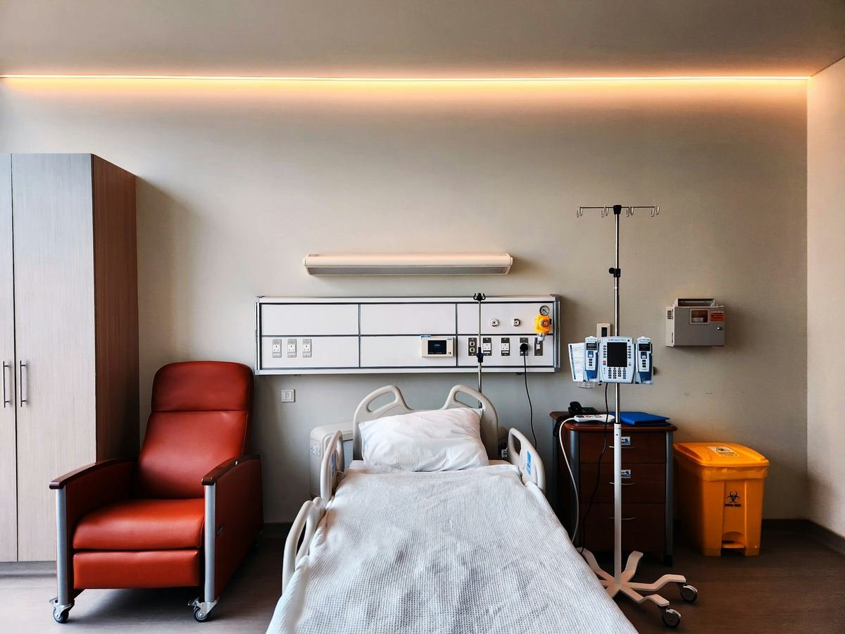 A treatment room with a terracotta recliner chair, an infusion stand and a bed.