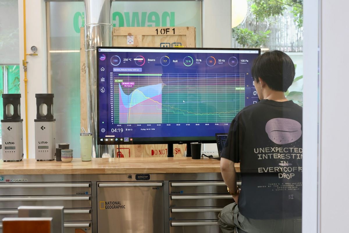 A person studying data charts on a large screen.